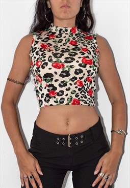 Vintage Y2k High Neck Stretchy Leopard Print Crop top