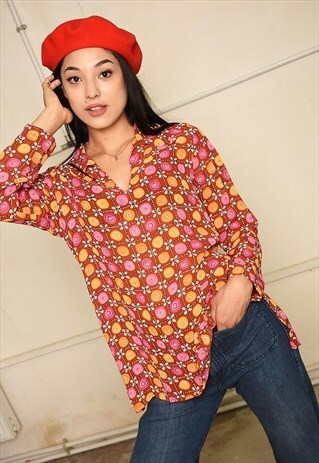 90'S RETRO ABSTRACT PRINT FESTIVAL BLOUSE TUNIC TOP