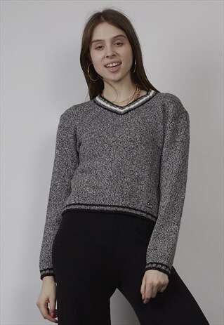 VINTAGE 90'S LEE CROP GREY V-NECK JUMPER