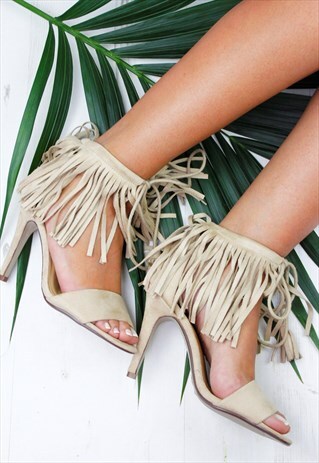WOMENS LADIES BEIGE FRINGE HIGH STILLETO SANDALS SHOES