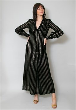 70's Vintage Black Velvet Gold Lurex Stripe Maxi Dress