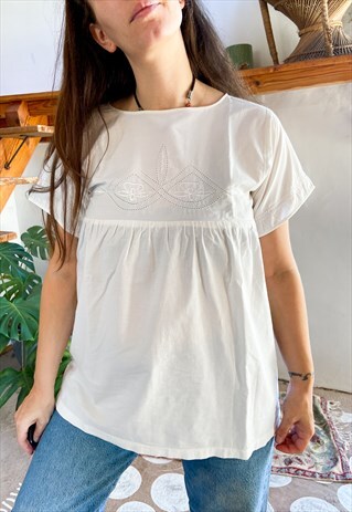 VINTAGE 70'S WHITE COTTON LACE SMOCK TUNIC TOP - M