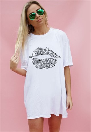 WHITE TSHIRT DRESS WITH POSITIVE SLOGAN LIP PRINT