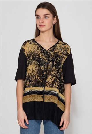 VINTAGE BLACK BROWN MAGLIFICIO MG SHORT SLEEVE BUTTON TOP