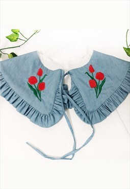 Tulip Embroidered Cotton Oversized Collar, Detachable Collar