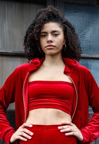 RED STRETCH VELVET BANDEAU TOP