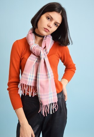 VINTAGE 90'S RETRO PASTEL PINK CHECKED PLAID SCARF