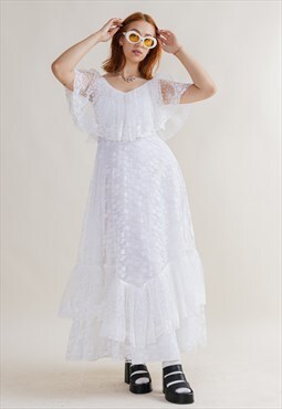 Vintage 70s Colombine French Made Lace Wedding Dress S