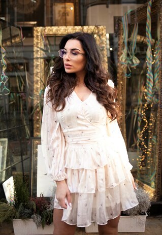 CHIFFON PRINT LONG SLEEVE TRIPLE TIERED RUFFLE V NECK DRESS