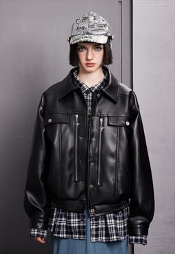 Faux leather biker jacket PU utility racing bomber in black