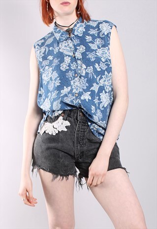VINTAGE 90S SILK FLORAL PATTERNED SLEEVELESS SHIRT TOP