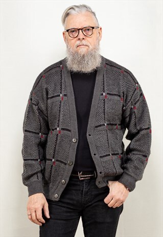 VINTAGE 90'S MEN PATTERNED CARDIGAN IN GREY