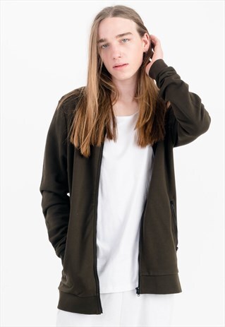 ZIPPED MUSCLE JERSEY BOMBER JACKET IN KHAKI WITH POCKETS