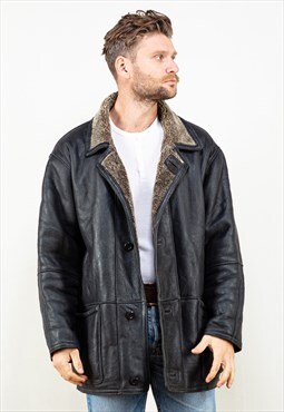 Vintage 90's Men Sheepskin Leather Coat in Black