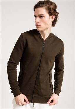 zipped muscle jersey bomber jacket in khaki with pockets