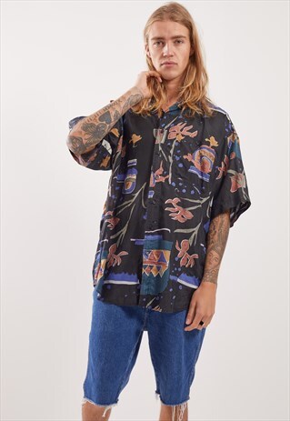 VINTAGE PATTERNED FESTIVAL SHORT SLEEVE SILK SHIRT