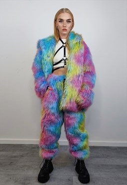 Rainbow faux fur joggers unicorn raver pants fluffy trousers