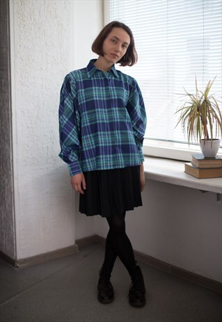 VINTAGE 70'S BLUE CHECKED BLOUSE