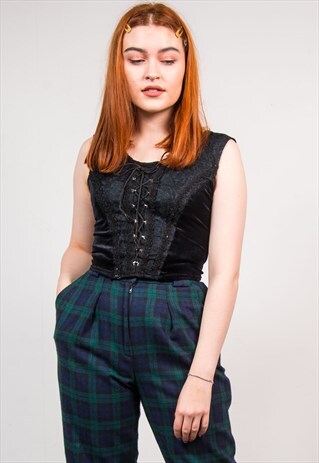 VINTAGE 90'S GOTHIC BLACK VELVET CORSET LACE UP VEST TOP