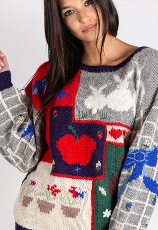 VINTAGE 80S WINTER PRINTED KNIT JUMPER / S8762