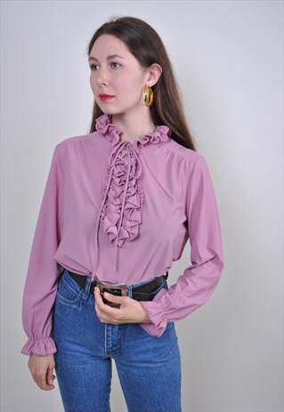 VINTAGE PINK RUFFLE BLOUSE, LONG SLEEVE LACE BRIGHT SHIRT
