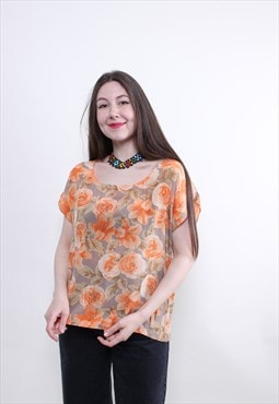 Vintage flower blouse, pullover floral blouse, Size M
