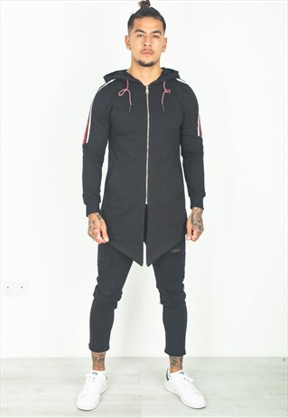 MENS BLACK STRIPE ZIP UP HOODED JACKET