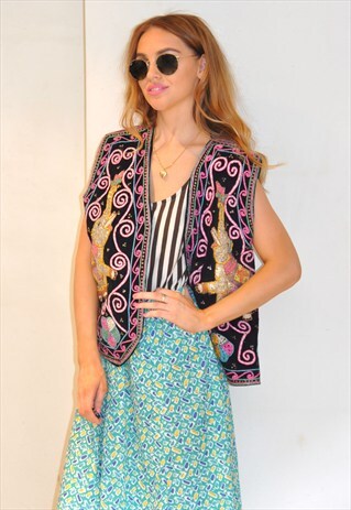 VINTAGE 70S BLACK ELEPHANT SEQUIN INDIAN HIPPY WAISTCOAT