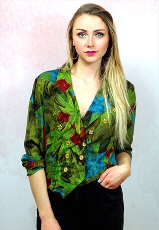 1990S VINTAGE TROPICAL LEAF AND FLORAL PATTERNED BLOUSE