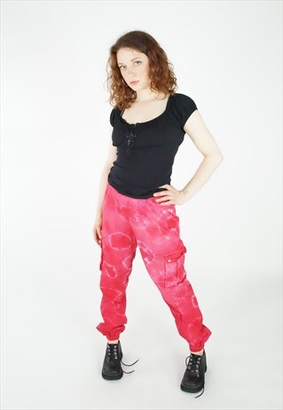 VINTAGE RED PINK TIE DYE CARGO TROUSERS PANTS