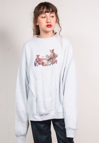 90'S LIGHT GREY TEDDY BEAR PRINT CUTE SWEATSHIRT