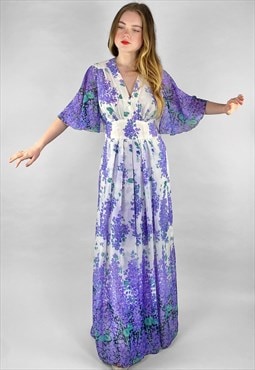 70's Vintage White Purple Floral Fluted Sleeve Maxi Dress