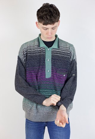 VINTAGE 90S MULTI-COLOUR KNIT 3 BUTTON UP JUMPER