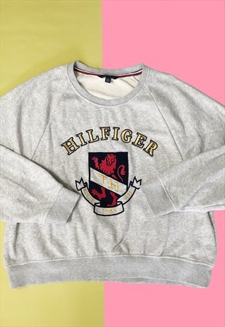 GREY TOMMY HILFIGER EMBROIDERED SPELL OUT SWEATSHIRT JUMPER