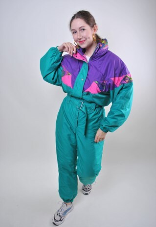 VINTAGE WOMAN GREEN SKI SUIT, ONE PIECE MULTICOLOR SNOWSUIT