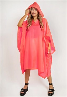 Pink Waterproof Foldaway Poncho With Hood