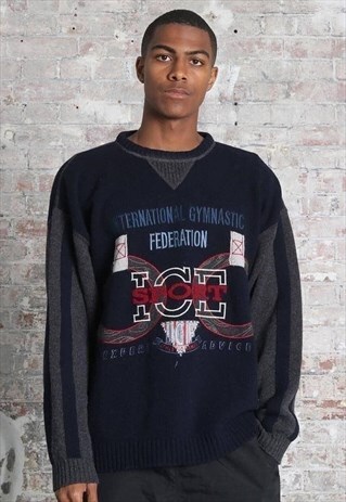 VINTAGE RARE ICEBERG SPORT BIG LOGO KNIT JUMPER NAVY BLUE