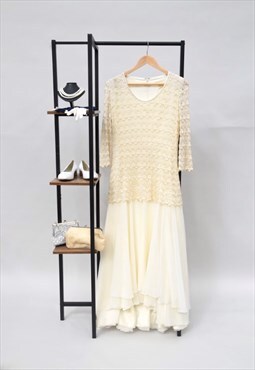 50s Vintage Wedding Dress Cream Tiered Chiffon Lace Overlay