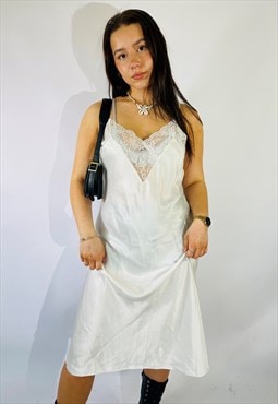 Vintage Size S Satin Lace Midi Slip Dress in White