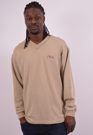 FILA MENS VINTAGE SWEATSHIRT JUMPER MEDIUM BEIGE 90S