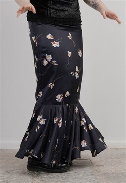 Vintage Y2k Maxi Peplum Dark Blue Floral Satin Skirt M