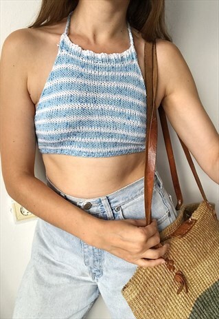 VINTAGE 70S BOHO FESTIVAL JAZZY CROCHET HALTER CROP TOP