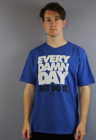 VINTAGE NIKE T SHIRT IN BLUE WITH PRINTED JUST DO IT LOGO. S