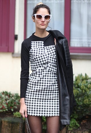 GINGHAM LAYERED DRESS WITH BLACK SLEEVES