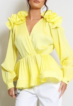 Frilled Peplum Blouse In Yellow