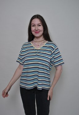 Striped t-shirt, 90s lined pattern tee shirt women LARGE 