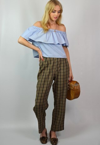 VINTAGE GRUNGE BROWN PLAID HIGH RISE WIDE LEG TROUSERS