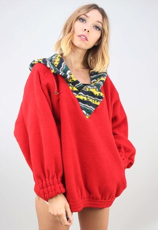 VINTAGE OVERSIZED RED 1/4 ZIP FJALLRAVEN FLEECE WITH HOOD