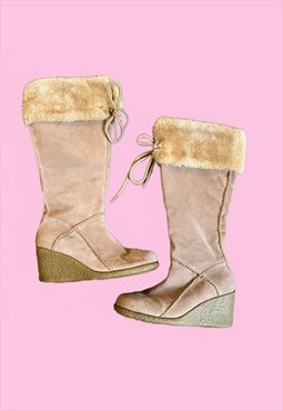 Y2K vintage knee high shearling wedge square toe snow boots 