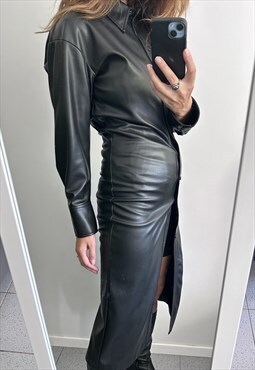 Long Black leather Dress / Shirt Jacket Small